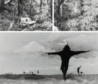 Top: An illustration by Don Peters and a detail from it (right): The astronauts use their jetpacks to explore a lusher environment. Below: The explorers encounter ominous scarecrows, meant to keep intruders out, an idea conceptualized for the first time by artist Peters. The scarecrows are simian in appearance.